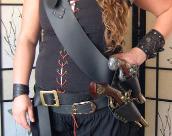 Leather Pirate Baldric COMBO DELUXE Pirate Freebooter Captain Black Sails **3 Pieces Kit** Baldric, BracerS and Eye Patch