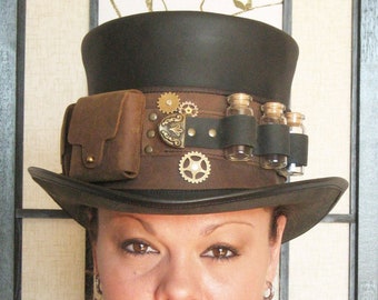 Steampunk Hat Futurist Traveller Sci Fi Gears Leather HIGH Top Hat