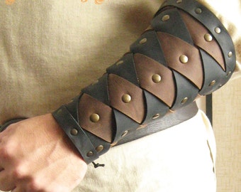 Medieval Warrior Viking Gladiator Forearm 2 Tones Leather BracerS ( - A Pair - )