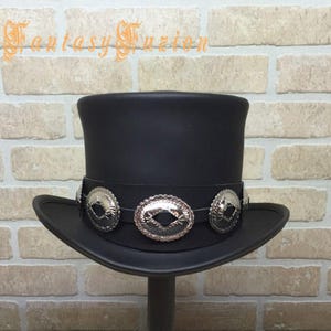 Top Hat // Slash Style Hat // Rocker Black Leather Hat // Leather High Top Hat // Conchos Hatband Replica Slash Fans HIGH Top Hat image 3