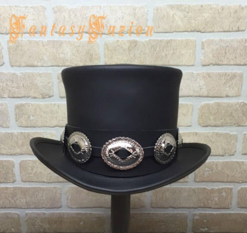 Top Hat // Slash Style Hat // Rocker Black Leather Hat // Leather High Top Hat // Conchos Hatband Replica Slash Fans HIGH Top Hat image 3