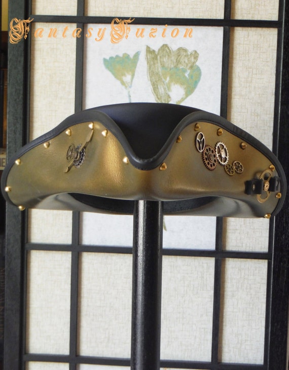 Steampunk Pirate Tricorn Hat Airship Captain Futurist Sci Fi Leather Top Hat