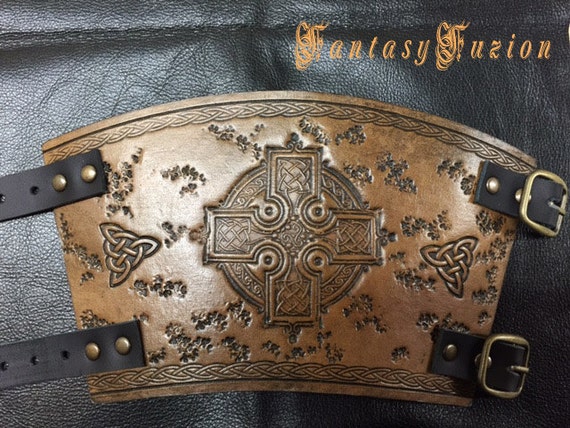 Medieval Knight Viking Armor Celtic Cross Design Leather Cuff BracerS - A Pair -