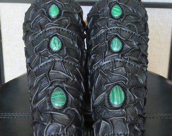 Medieval Sorcerer Wizard Druid Warrior Leather Forearm BracerS with Green Stones -A Pair-