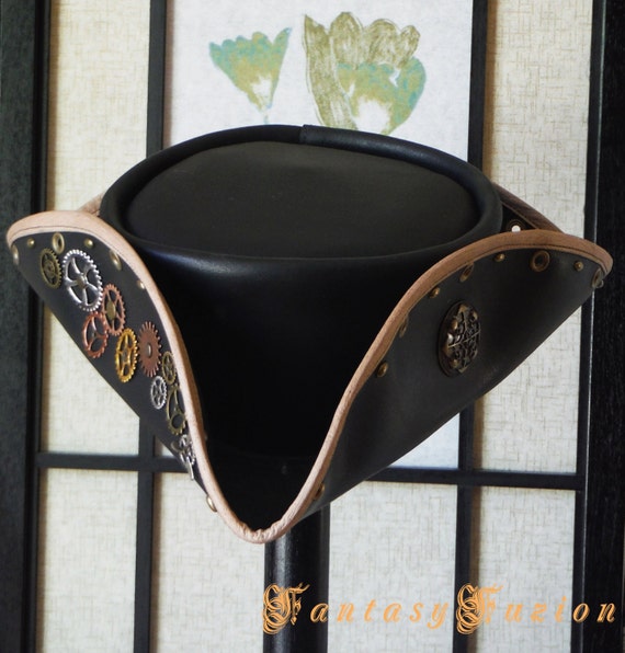 Steampunk Pirate Tricorn Hat Airship Captain Futurist Sci Fi Leather Top Hat