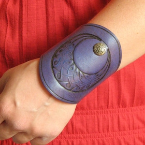 Sorcerer Magician Medieval Tribal LARP Purple Celtic Moon Design Stamps Leather Cuff BracerS with Concho - A Pair -