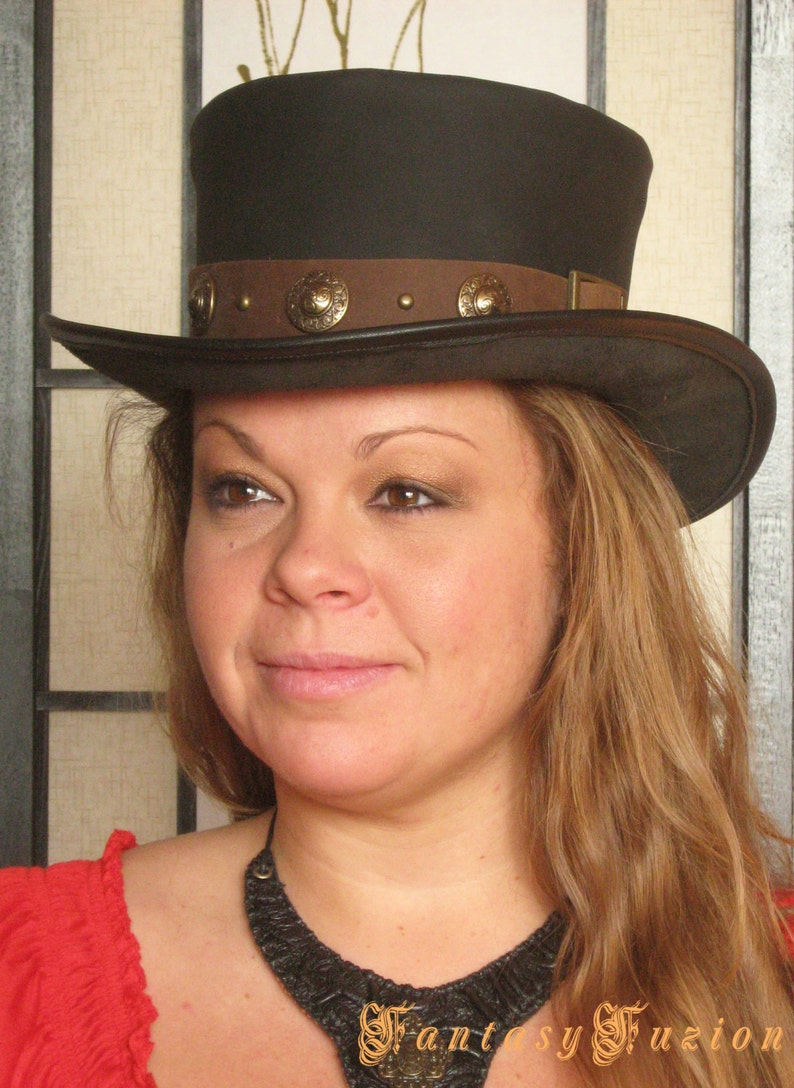 Steampunk Hat Victorian Leather Standard Top Hat with Belt and Conchos