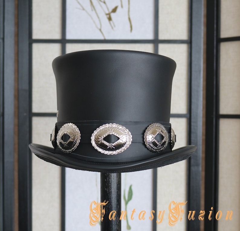 Top Hat // Slash Style Hat // Rocker Black Leather Hat // Leather High Top Hat // Conchos Hatband Replica Slash Fans HIGH Top Hat image 1