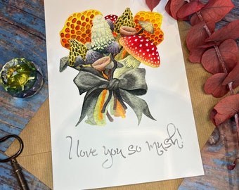 Fungi Bouquet Card, alternative Valentine’s Day card, I love you card, mushroom art, mushroom aesthetic, mycology art, alternative bouquet