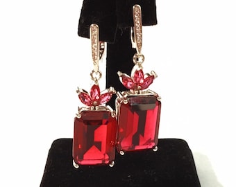 Vintage 925 Silver & Red Pink and Clear Paste Earrings - Sterling Silver Dangle Drop Latch Back - Retro Rectangle Drop - Statement Jewelry