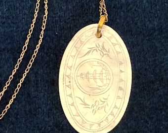 Vintage Etched Oval Mother of Pearl Pendant on Gold Filled Chain - Two Sided Thin Oval Necklace - Antique Asian Theme Retro Estate Jewelry