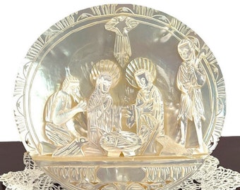 Vintage Mother of Pearl Carved Nativity - Oval Intricate Holy Religious Birth w/ Stand on Back - Retro Christian Christmas Home Decor