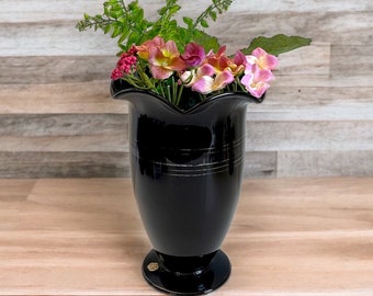 Vintage Tiffin Black Glass Vase: Silver Trim, Ruffled Top, Antique Decor
