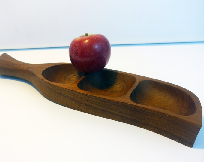 Vintage Wood Serving Bowl or Tray - Three Sectioned Wooden Dish - Teak Made in Thailand - Long w/ Handle Serving Bowl - Mid Century Modern