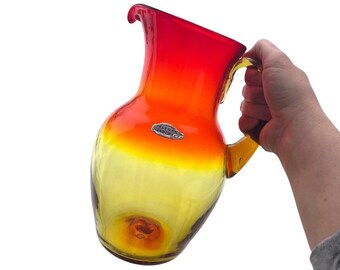 Blenko Handcraft Tangerine Pitcher #7315 - 9 1/2'' Tall Vintage Amberina Red Yellow Ombre Glass w/ Handle - Art Glass Serving MCM Home Decor