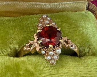 Antique 10K Rose Gold Ring w/ Garnet & Seed Pearls in Frisch Bros Buffalo NY Jewelry Box - Vintage Gift Woman Girl - Estate Jewelry Sz 5.75