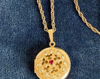 Vintage 14K Gold Filled Round Locket on Rope Chain w/ Red Paste Gem & Ornate Filigree Front - Pendant w/ 2 Photo Wells - Gift for Her