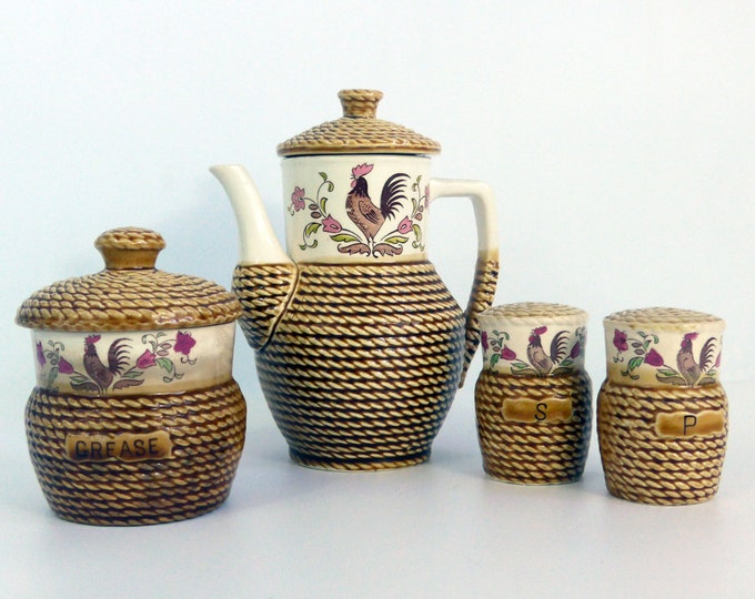 Vintage 6 Pc Kitchen Stove Set Post War Japan Rooster Coffee Pot Grease Jar Salt & Pepper - Brown Basket Weave w/ Ivory China Japan