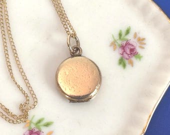 Vintage Small Gold Filled Round Locket on 14K Gold Filled Chain - Small Retro Pendant w/ 2 Photo Wells - Little “Timeworn Treasure” Necklace