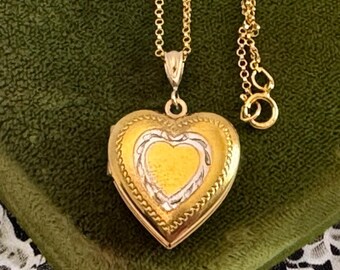 Vintage Gold Shell Heart Locket on 14K GF Chain w/ Love Message - Retro Era Yellow & White GF Pendant Necklace Estate Jewelry for Woman Girl