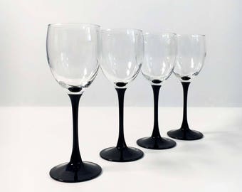 Vintage Set of 4 Luminarc France Black Stem Wine Glasses / All Purpose Drinkware - Mid Century Modern - Black Clear Barware