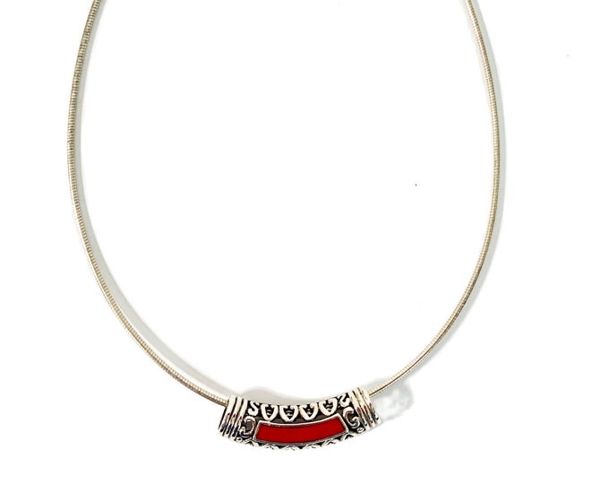 Vintage Sterling Silver Pendant Necklace Choker - Hallmark Retro 1980s Silver Tube Slide w/ Red Inlay & Openwork 925 Omega Twisted Coil
