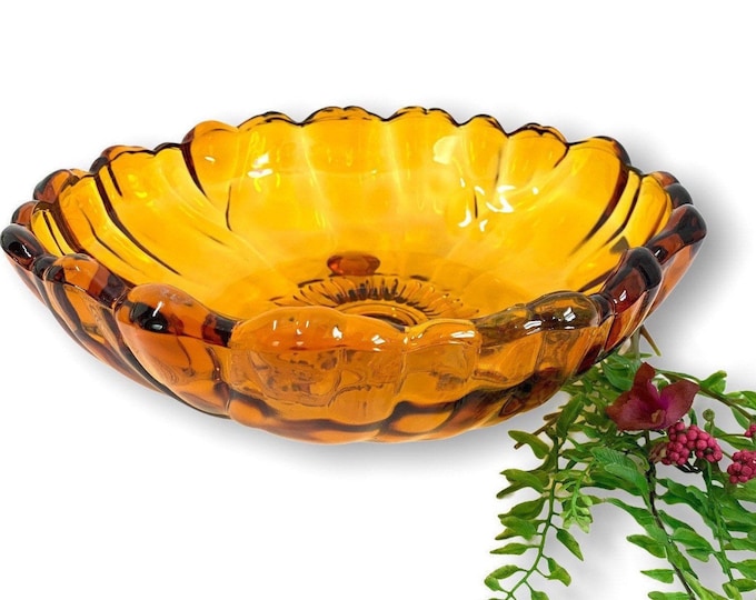 Vintage Petals Amber by Colony Glass Bowl 11” - Heavy Large Glass Dish Home Decor Display Fruit Centerpiece