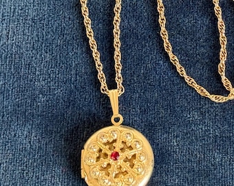 Vintage 14K Gold Filled Round Locket on Rope Chain w/ Red Paste Gem & Ornate Filigree Front - Pendant w/ 2 Photo Wells - Gift for Her