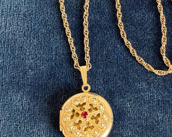 Vintage 14K Gold Filled Round Locket on Rope Chain w/ Red Paste Gem & Ornate Filigree Front - Pendant w/ 2 Photo Wells - Gift for Her