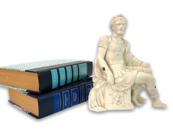 Vintage Statue Ancient Greek / Roman Seated - Off-white Painted Heavy Metal Sculpture - Shabby Chic Retro Home Library Decor