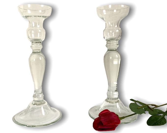 2 Vintage Tall Clear Blown Glass Candlestick Holders - Pair Retro Candle Holders Flower Design Home Decor - Round Base & Stem Column
