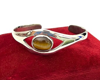 Vintage Taxco Sterling Silver Oval Agate Inset - Open Cuff Bracelet  Retro Woman’s Mod Mid century Jewelry