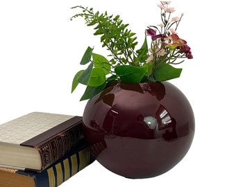 Vintage Round Maroon Haeger Pottery Ball Vase - Orb Sphere Ceramic Table Floor Vase - Mod Century Modern 1980-1990 Home Decor - Model #4326