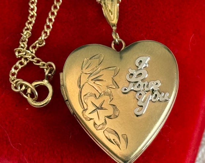Vintage 14K Gold Filled Two Tone Lover Locket Necklace - 2 Photo Compartments Heart Shape Retro Jewelry - I Love You