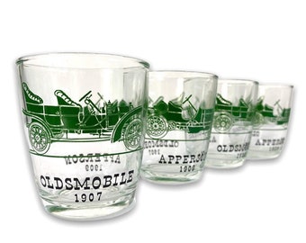 4 Vintage Antique Car Rocks Glasses - Four Retro Drinkware w/ 1907 Oldsmobile & 1909 Apperson Mid century - Drinking Glass Clear w/ Green