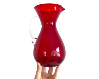 Vintage Pitcher Red Glass Etched Hand Blown w/ Clear Handle - Retro Drinkware Barware Serving Cranberry Glass Serving Dining Entertaining