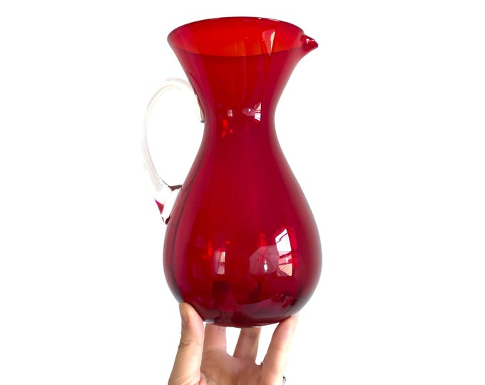 Vintage Pitcher Red Glass Etched Hand Blown w/ Clear Handle - Retro Drinkware Barware Serving Cranberry Glass Serving Dining Entertaining