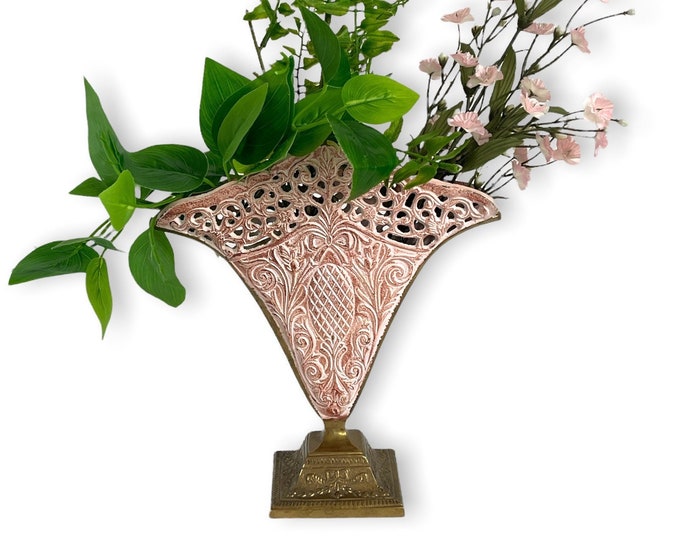 Vintage Brass Vase - Brass Vase w/ Pink Enamel Openwork Top Edge - Home Decor / Decorating - Retro Art Deco Fan Shape &  Square Base