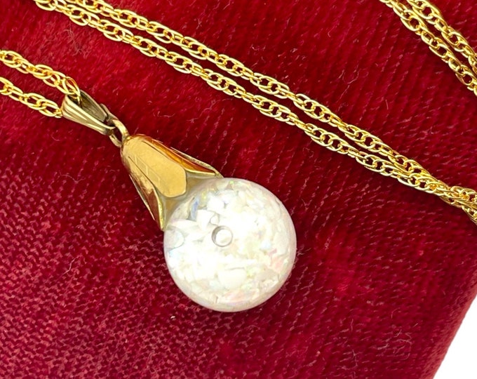 Vintage 12K Gold Filled Iris Floating Opal Pendant Necklace - Art Deco Style - Chips in Glass Orb Gemstone Dangle 925 Jewelry Play of Color