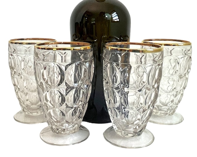 4 Vintage Thumbprint Gold By Jeanette - Four Juice Glasses with Gold Top Rim - Four Retro Glassware Stemware Mid century Set of Four