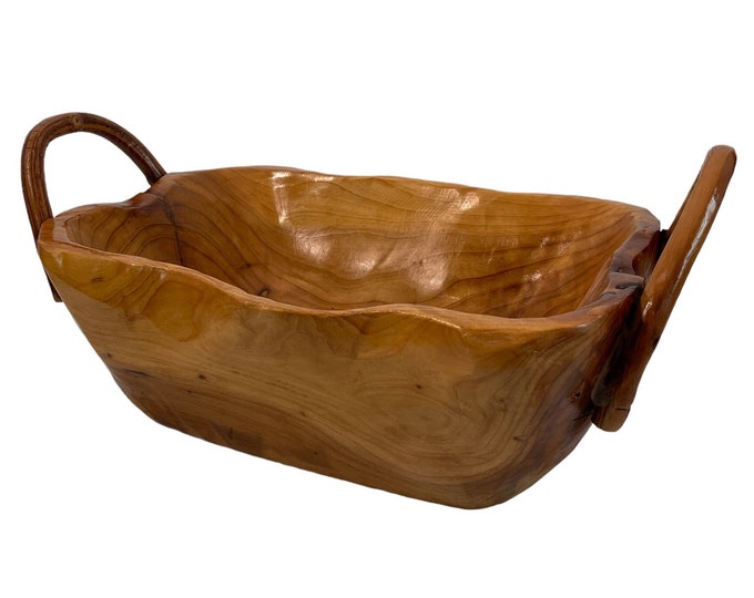 Large Handmade Wooden Bowl with Handles - Handled Wood Bowl or Tray - Centerpiece Home Decor Rustic Quality Cabin Decor