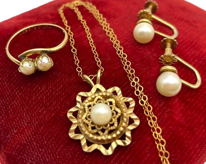 Gold Filled and Pearl Jewelry Set - Vintage Screw Back Earrings, Pendant Necklace, Ring - 10K 14K GF Krementz ESPO Modern MCM Gift for Her
