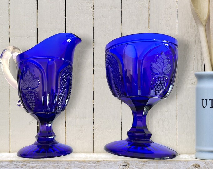 Vintage Cobalt Blue Glass Creamer & Open Sugar Bowl w/ Embossed Grape Leaf Clear Handle - Kitchen Decor Serving - Large Set