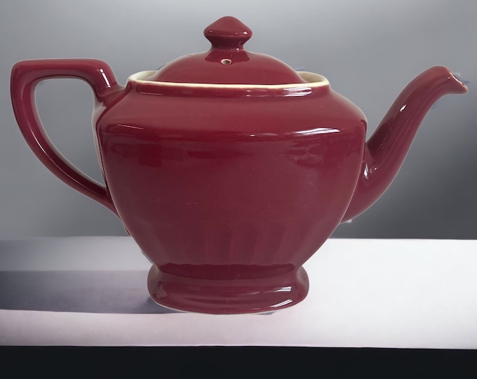 Vintage Hall Albany Teapot 6 cup Hollywood Maroon - Retro Teapot Circa 1938 - Hall Pottery Tea pot Mahogany White Interior Paneled Sides