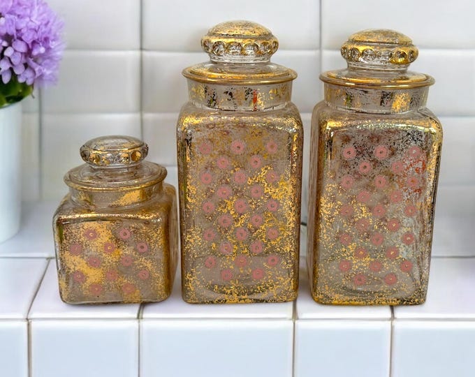 Vintage Mid Century Glass Canister Set, Pink Flower Gold Spatter, 3 Pc
