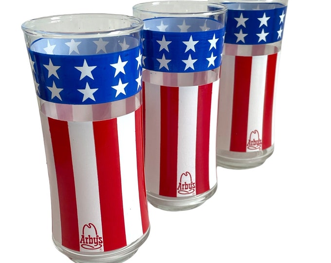 Vintage Arby’s Stars Stripes American Flag Glasses Tumblers Set of 3 - Libbey Red White Blue Tumblers Arby's Restaurant Americana Glassware