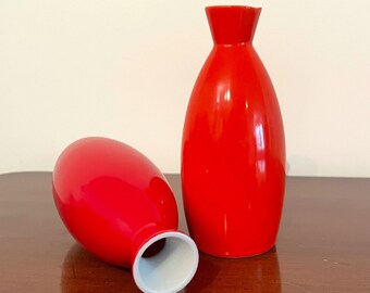 Vintage Asahi Japan Vase Set -  Set of 2 Bud Vases MCM Minimalist Red and Orange Bud Vase - Ceramic Pottery