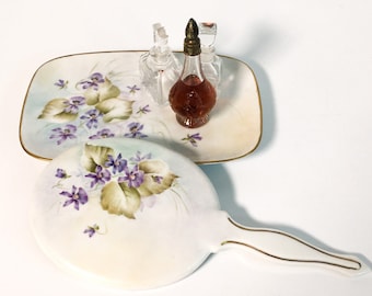 Vintage Porcelain Vanity Tray & Beveled Hand Mirror Hand painted Violets Signed KAY Bedroom Bathroom Decor Feminine Purple Green Florals