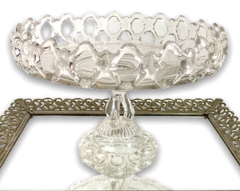 Vintage Glass Pedestal Cake Plate w/ Openwork Filigree Edges - Open Lace Blown Glass - Retro Serving Display Collectible