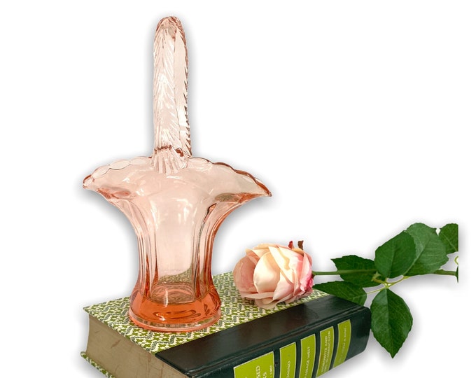 Vintage Pink Hand Blown Art Glass Basket w/ Handle - Home Decor Unique Retro